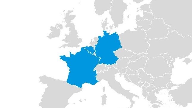 Map of Europe with Belgium, Germany and France marked blue
