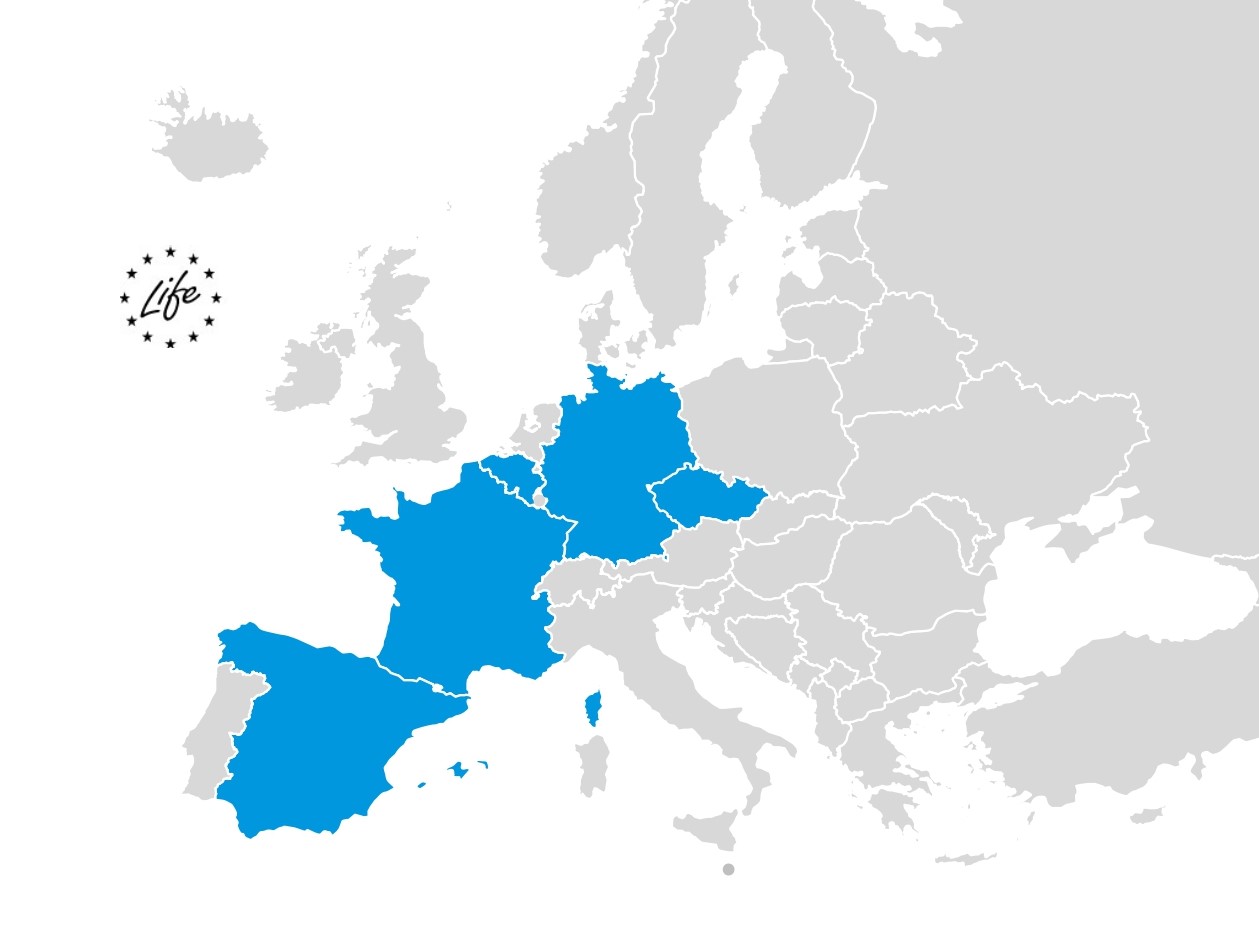 Map of Europe with Belgium, Germnay, France, Spain and Czechia marked blue